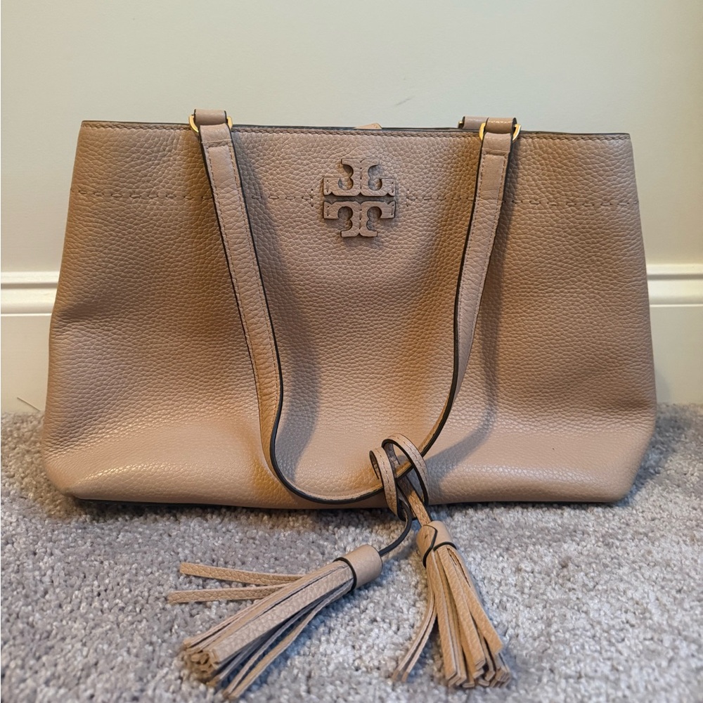 Tory Burch Tan Pebbled Leather Tote with Tassels